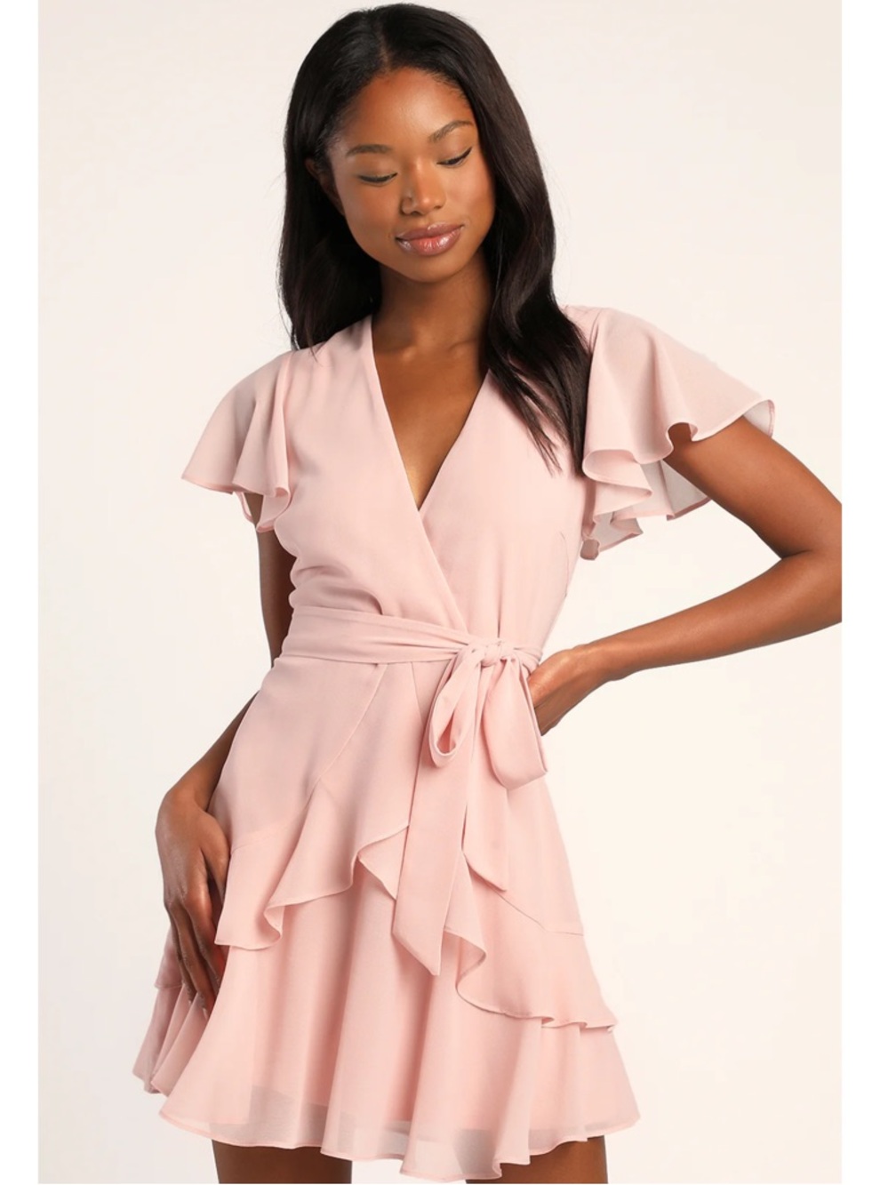 Lulus Sweet Like You Blush Pink Ruffle Faux Wrap Flutter Sleeve Mini Dress NWT